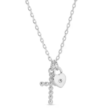 Baby Heart and Cross Rhodium Pendant Necklace