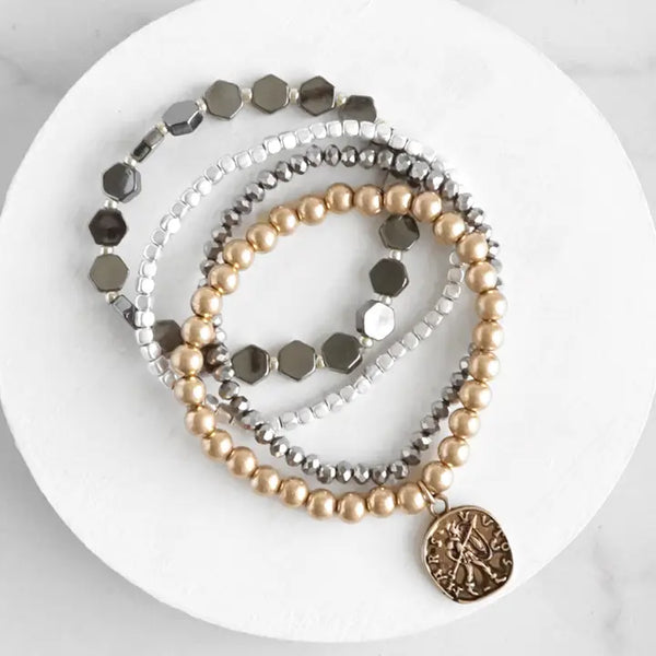 Boho Metal Beaded Bracelet Stack with A Coin in Multi