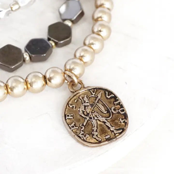 Boho Metal Beaded Bracelet Stack with A Coin in Multi