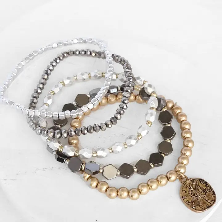 Boho Metal Beaded Bracelet Stack with A Coin in Multi