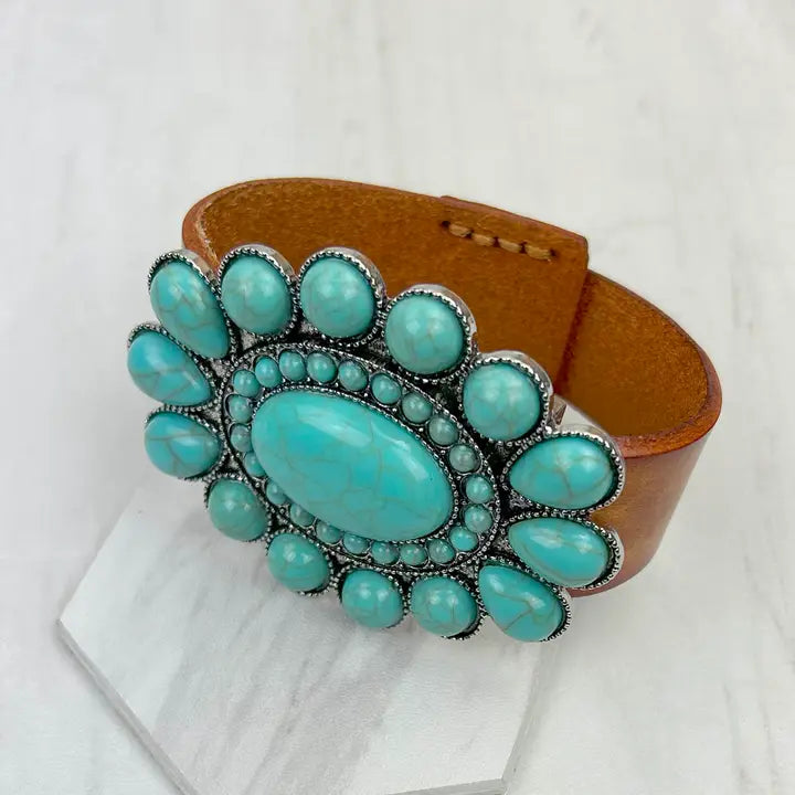 Brown Leather with Large Blue Turquoise Stone Oval Concho Bracelet