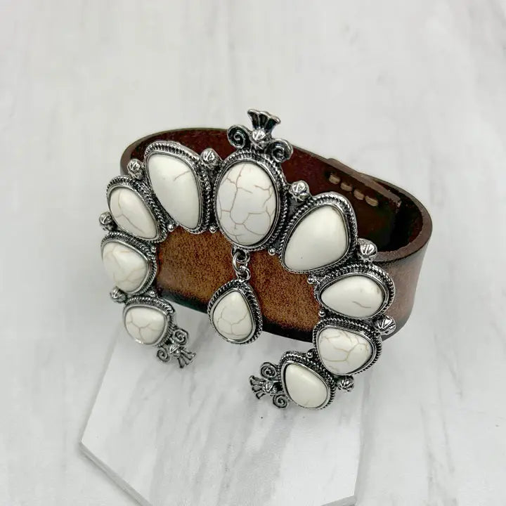 Brown Leather with Large White Blossom Squash Bracelet