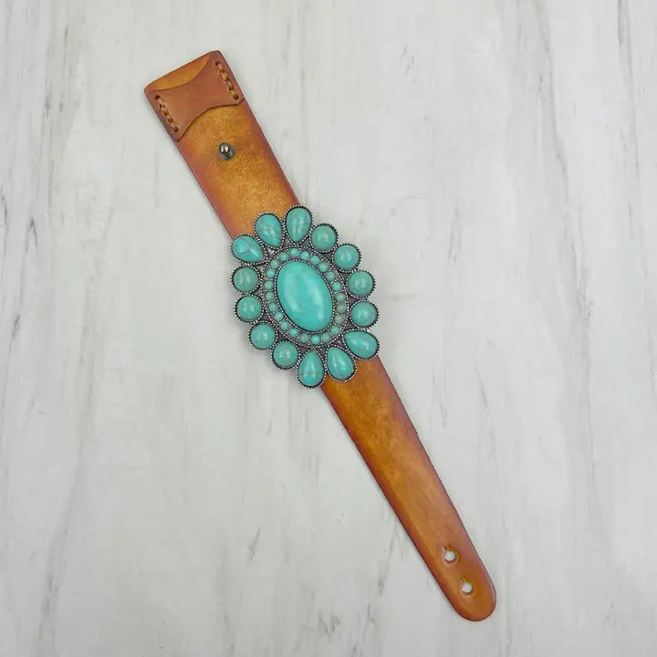 Brown Leather with Large Blue Turquoise Stone Oval Concho Bracelet