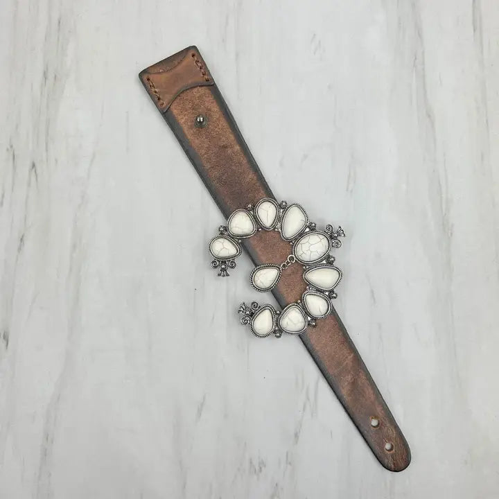 Brown Leather with Large White Blossom Squash Bracelet