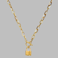 Chunky Chain Big Lock Charm in Stainless Steel Necklace - Gold