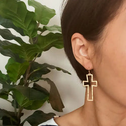 Dangle Cross Outlined Earrings - Gold