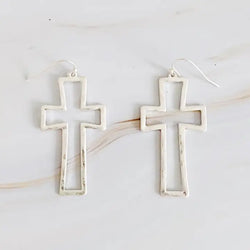 Dangle Cross Outlined Earrings - Silver