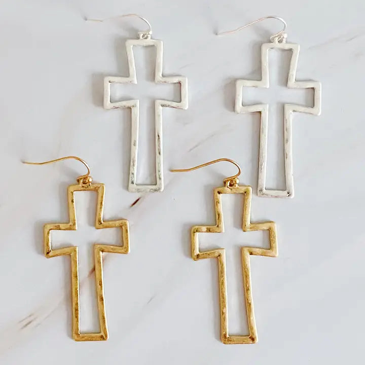 Dangle Cross Outlined Earrings - Gold