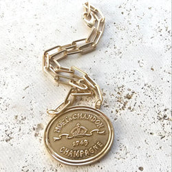 French Coin, Champagne Label Statement Necklace - Gold