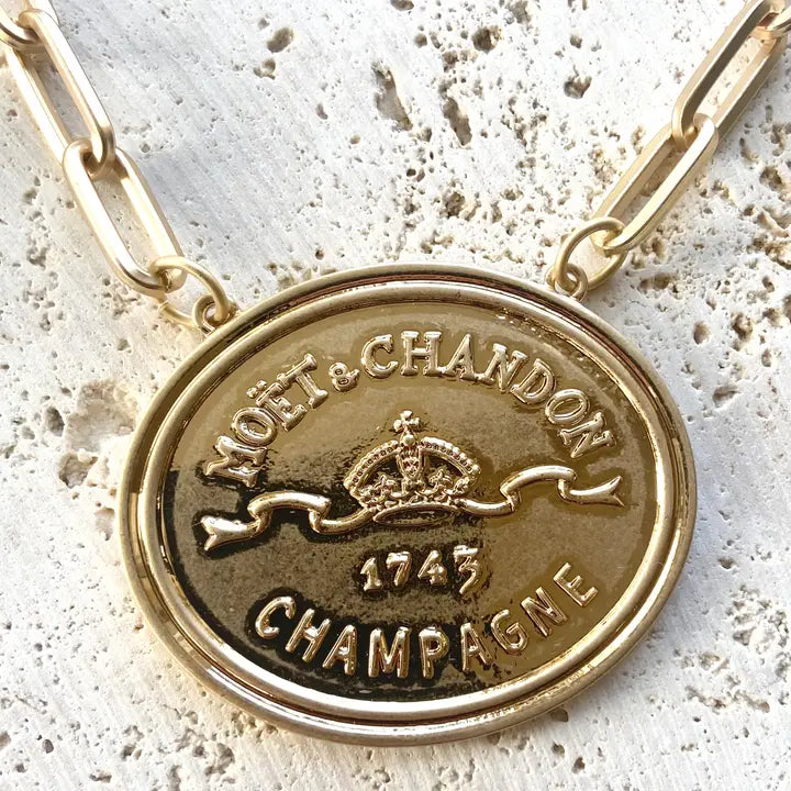 French Coin, Champagne Label Statement Necklace - Gold