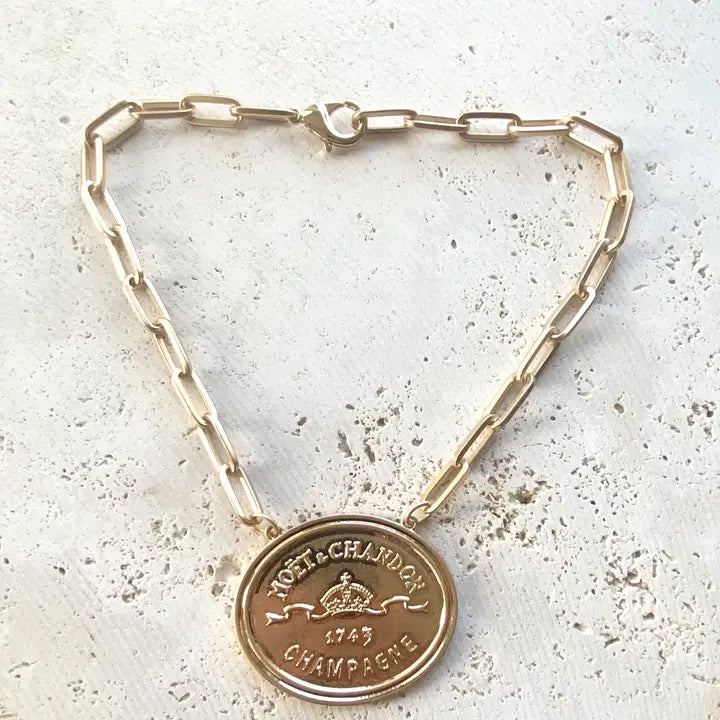 French Coin, Champagne Label Statement Necklace - Gold