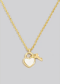 Gold Dipped Mother of Pearl Heart Lock and Key Charms Chain