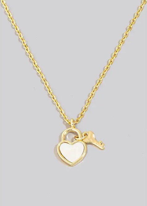 Gold Dipped Mother of Pearl Heart Lock and Key Charms Chain