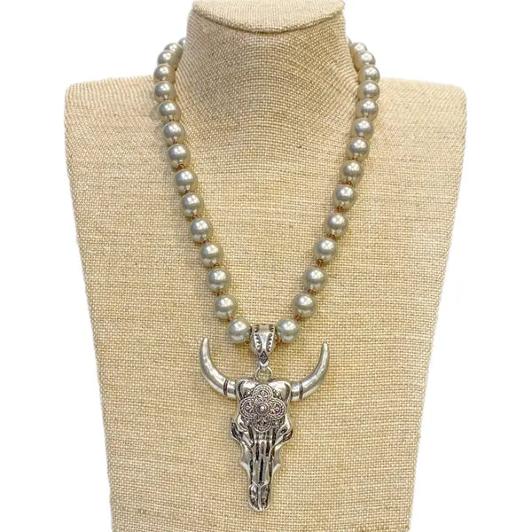 Long Horn Skull Pendant On Faux Navajo Pearl Necklace