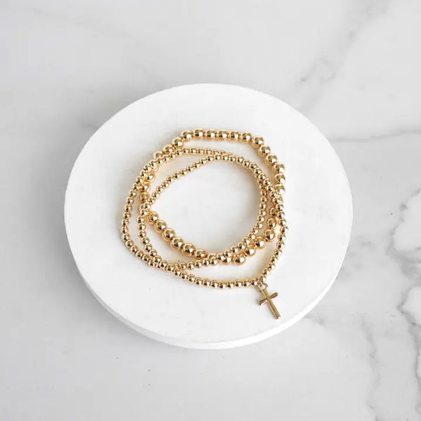 Minimal Cross Charm Bracelet Set in Gold Tone Ball Beads