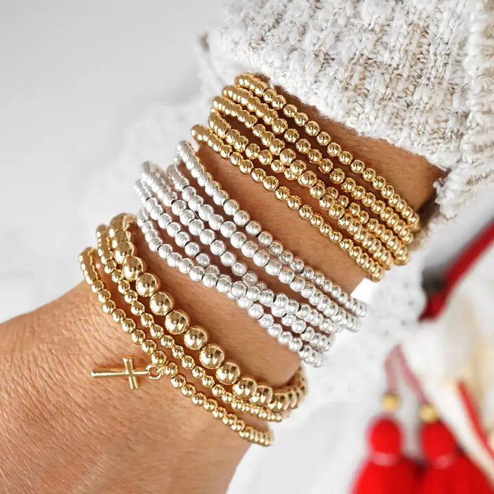 Minimal Cross Charm Bracelet Set in Gold Tone Ball Beads