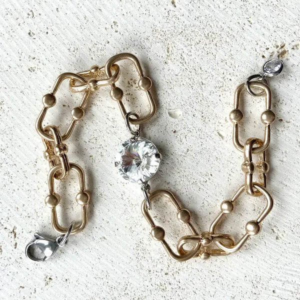 Paper Clip Swarovski Crystal  Chain Bracelet - Matte Gold