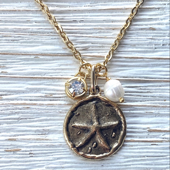 Starfish Ocean Coastal Cruise Ship Jewelry Nautical Beach Necklace - Brushed Gold