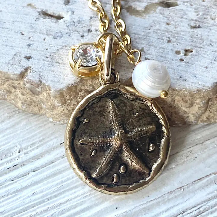 Starfish Ocean Coastal Cruise Ship Jewelry Nautical Beach Necklace - Brushed Gold