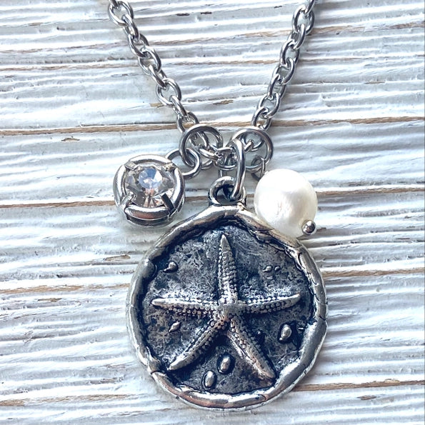 Starfish Ocean Coastal Cruise Ship Jewelry Nautical Beach Necklace - Brushed Pewter
