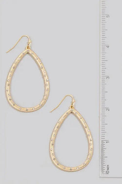 Studded Gold Metallic Tear Dangle Hook Earrings