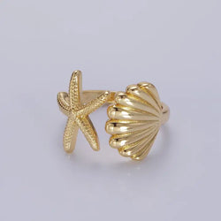 The Ariel Gold Clam Shell Star Fish Beach Adjustable Ring