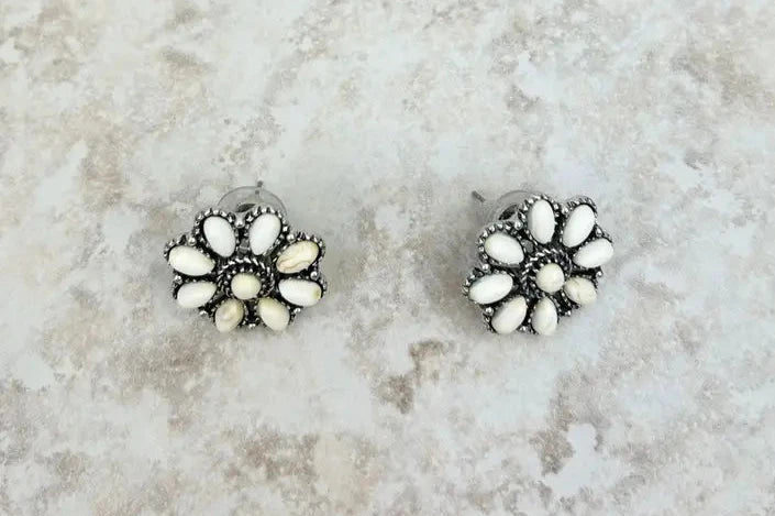 WHITE Small Silver and White Stone Floral Concho Post Earring